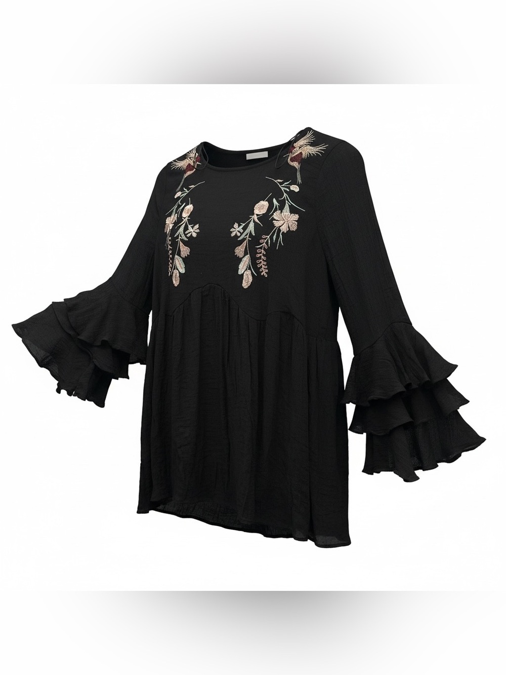 Umgee Black Embroidered Ruffle-Sleeve Tunic Dress –mini Long Sleeves M Flowie